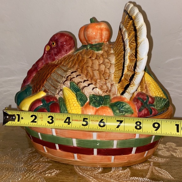 HUGE TURKEY TUREEN THANKSGIVING POTTERY HAND PAINTED NEW HARVEST Fall Vintage - Picture 4 of 13